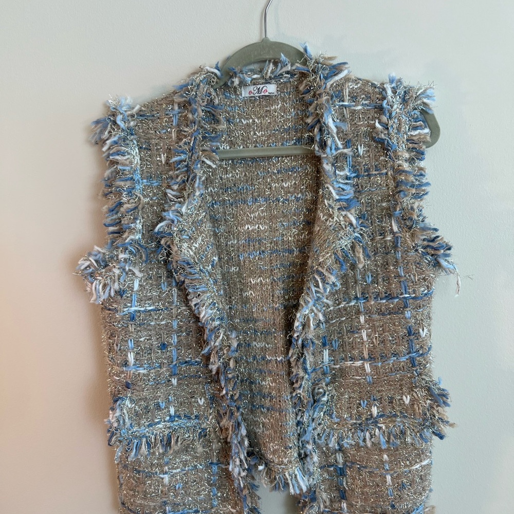 Fringed Tweed Vest in Blue and Brown